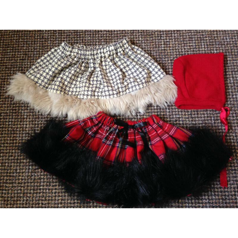 2 Baby Girls Handmade Christmas Skirts Tartan with Fur around Bottom 1-2 Years like new wil post