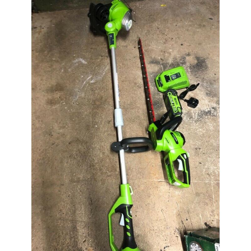 Greenworks 40v cordless hedge trimmer and strimmer
