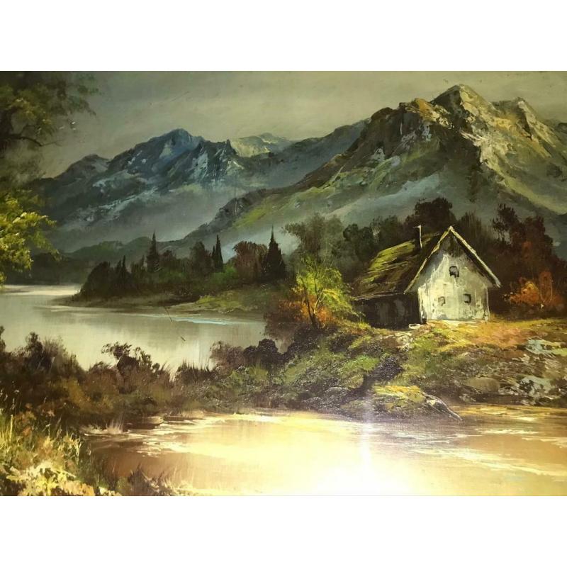 Beautiful Large Landscape Oil Painting by G. Whitman Under Glass