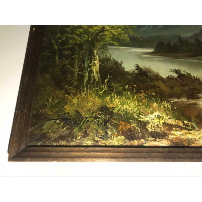 Beautiful Large Landscape Oil Painting by G. Whitman Under Glass