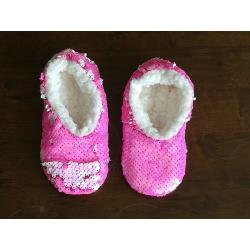 Girls Slippers Pink with Sequins White Fur inside 2-3 years used very good condition